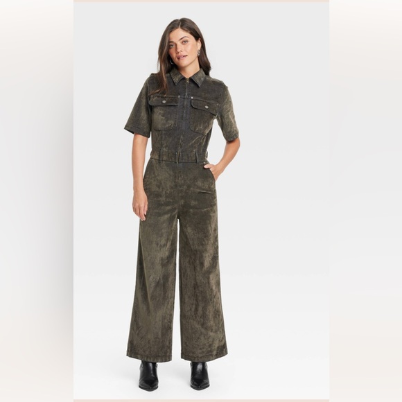 Universal Thread Dark Olive Short Sleeve Flocked Denim Jumpsuit - Picture 1 of 10